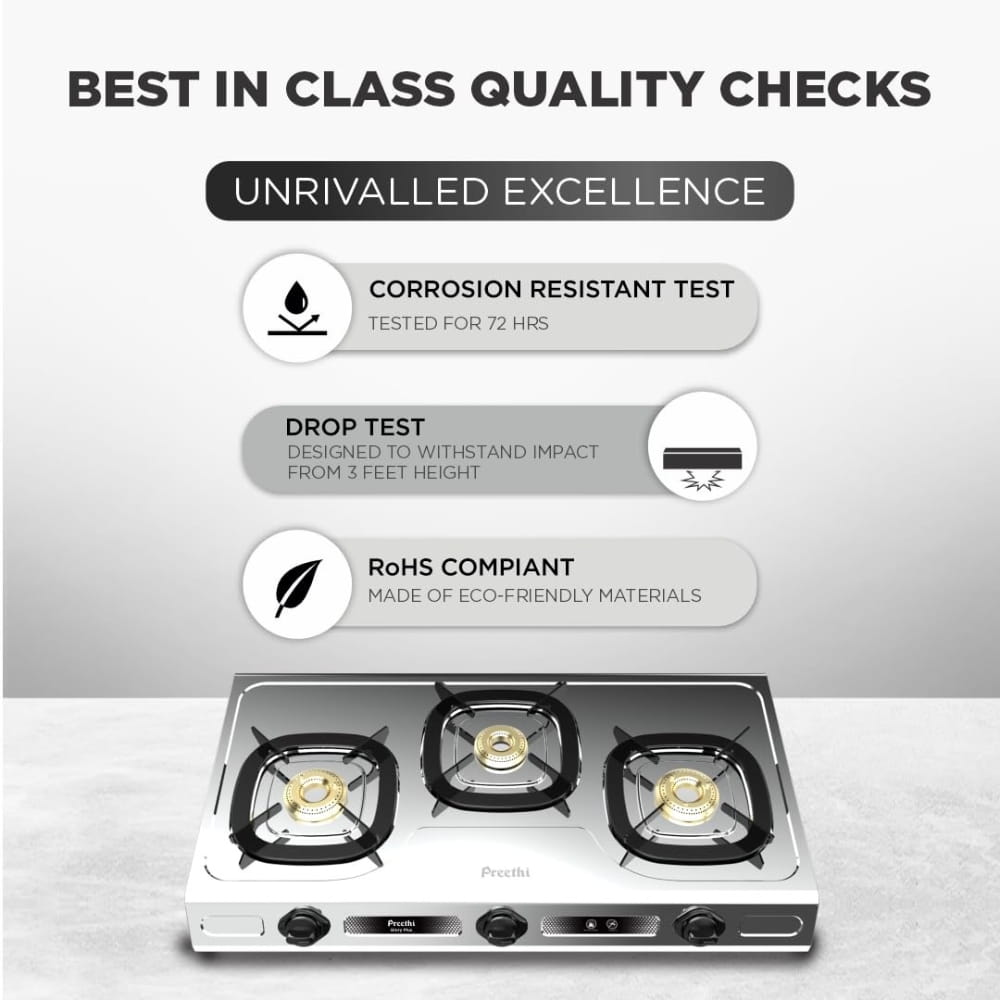 Preethi 3 Burner Stainless Steel	Gas Stove - Glory Plus