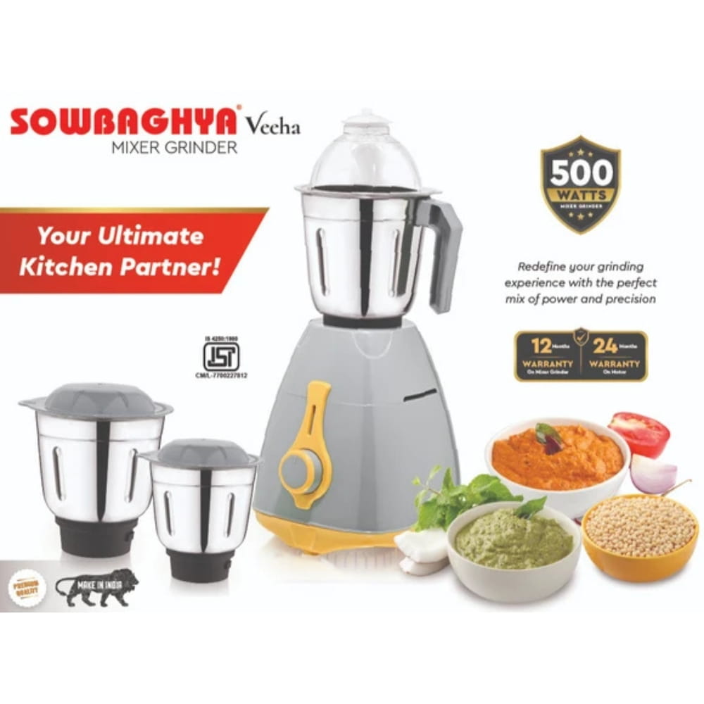 Sowbaghya 500W 3 Jar Stainless Steel Mixer Grinder - Veeha