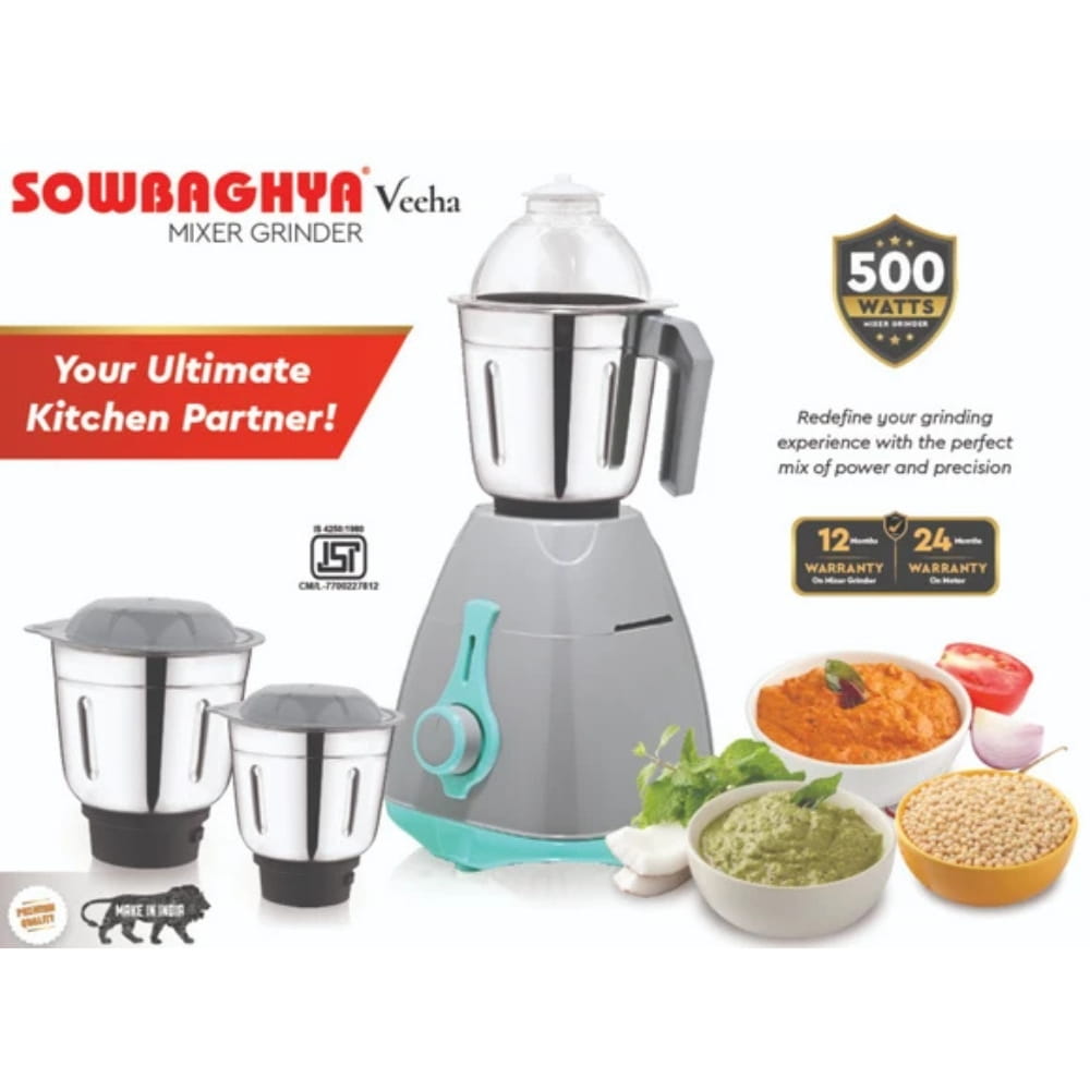 Sowbaghya 500W 3 Jar Stainless Steel Mixer Grinder - Veeha