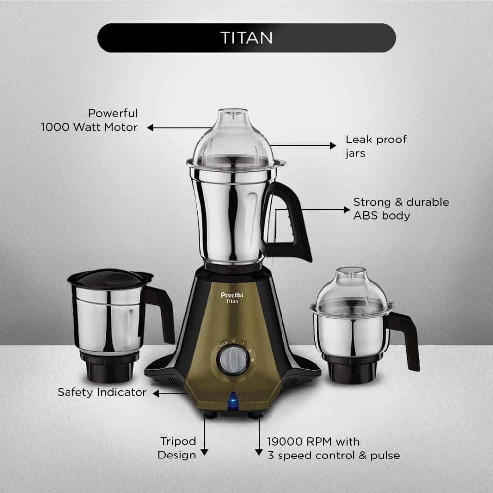 Preethi 1000W 3 Jar Stainless Steel Mixer Grinder - Titan