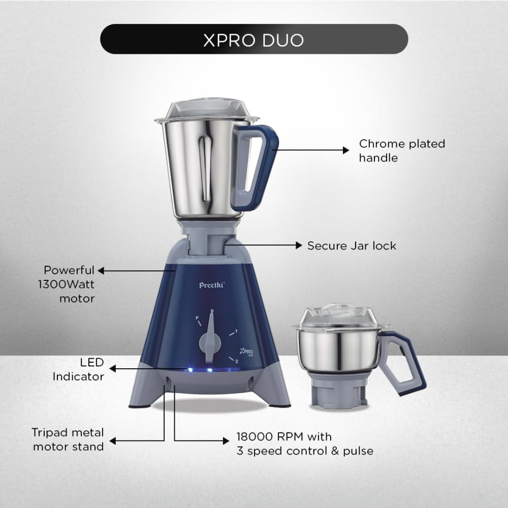 Preethi 1300W 2 Jar Stainless Steel Mixer Grinder -Xpro Duo