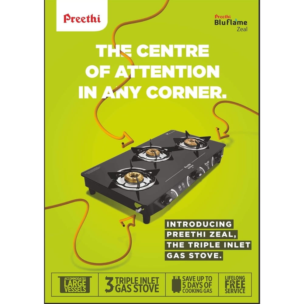 Preethi 3 Burner  Glass Top	Gas Stove - Zeal Pro