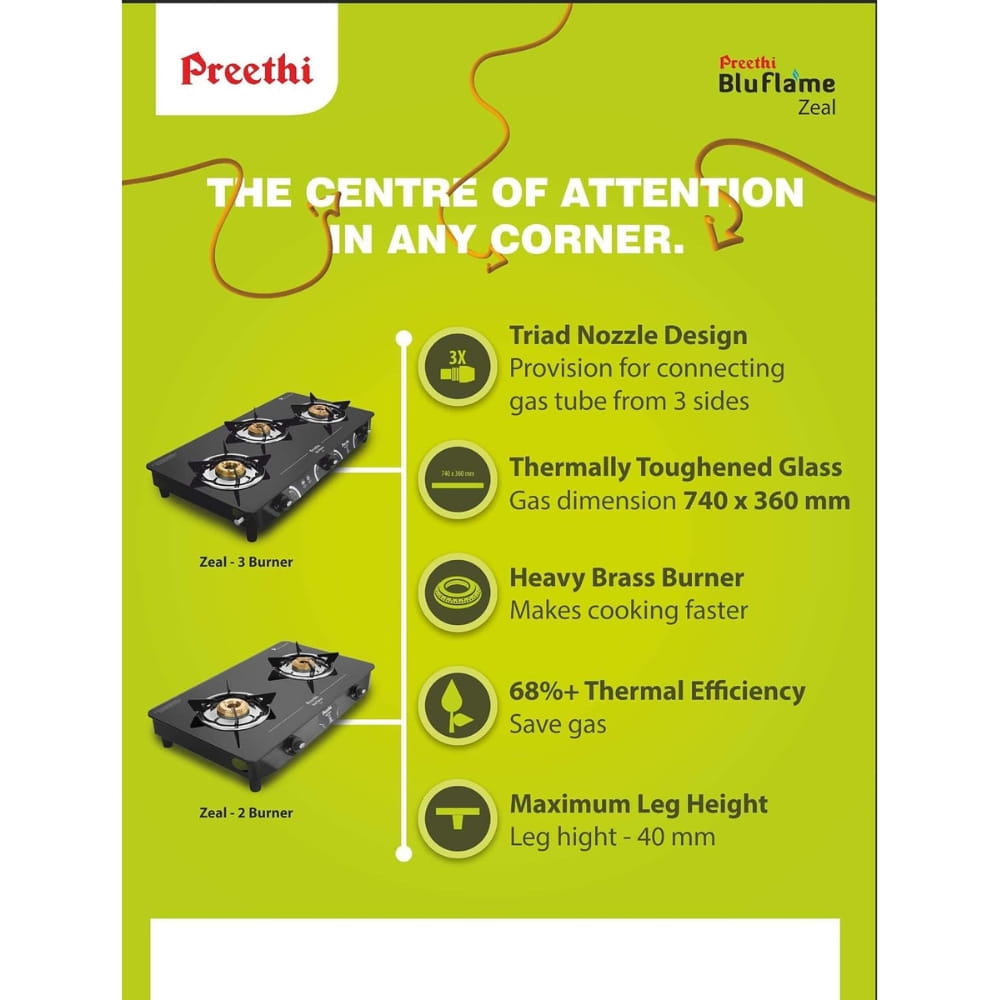 Preethi 3 Burner  Glass Top	Gas Stove - Zeal Pro